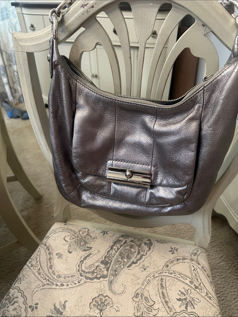 Coach Leather Metallic Pewter Hobo Shoulder Bag with Silver Hardware